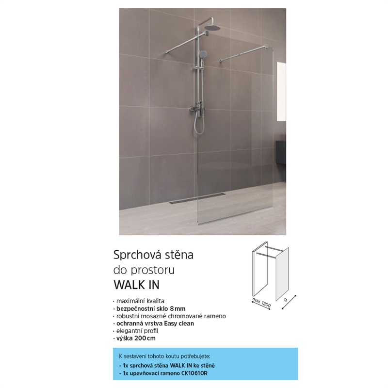 Mereo Novea CK10600H sprchová stena WALK IN 70 x 200 cm, chróm ALU, sklo Číre