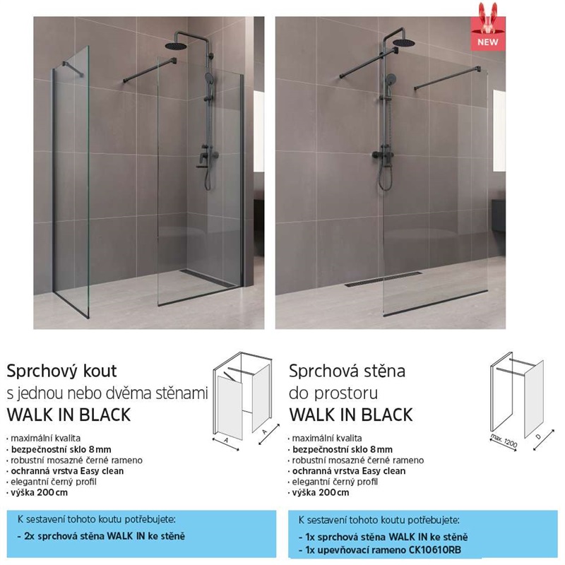 Mereo Novea CK10607HB sprchová stena WALK IN 130 x 200 cm, čierna, sklo Číre