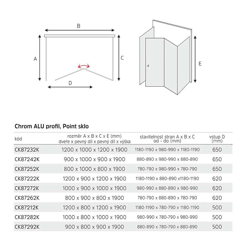 Mereo Lima CK87232K sprchový kút, obdĺžnik k stene, 120x100x120x190 cm, chróm Alu, sklo Point