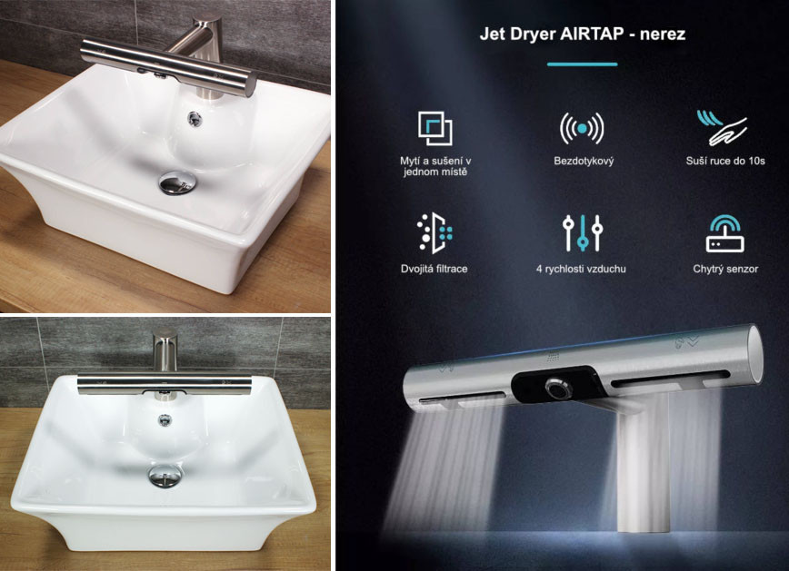 Jet Dryer Airtap guľatý čierny sušič s automatickou vodovodnou batériou