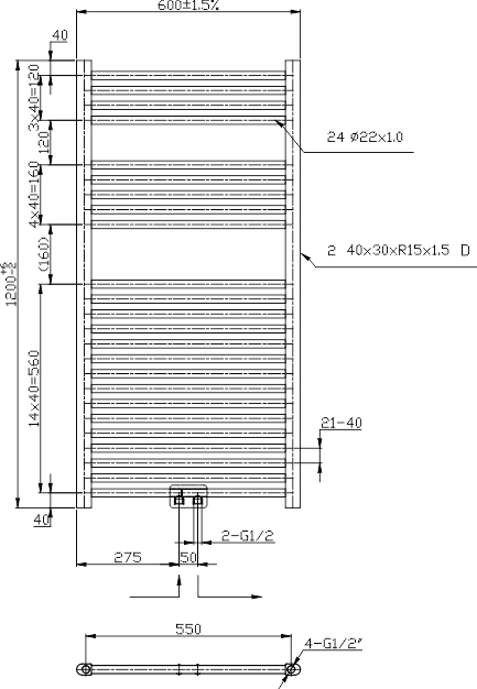 Novaservis 600/1200/RS,5 rebríkový radiátor 600 x 1200 čierny rovný