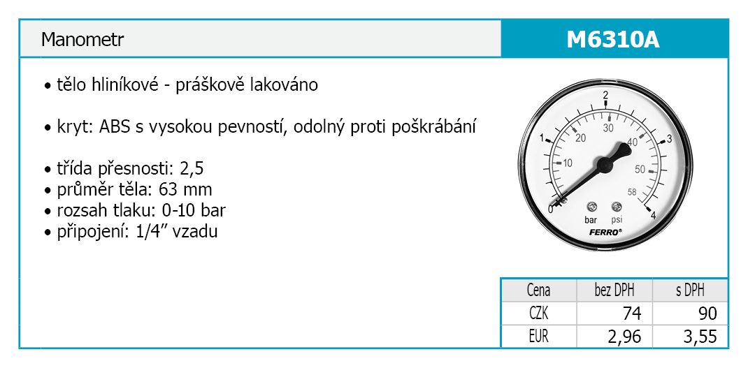 Novaservis M6310A manometer 0-10 BAR zadný vyvod 1/4"