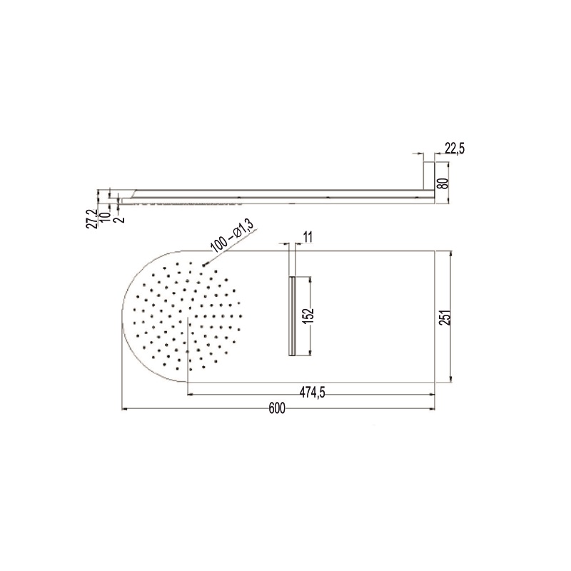 Mereo CB496 hlavová sprcha s vodopádom pologuľatá 600x251mm