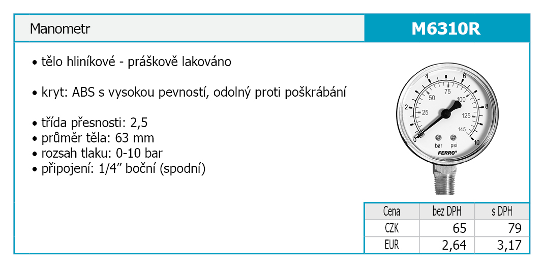 Novaservis M6310R manometer 0-10 BAR bočný vývod 1/4"