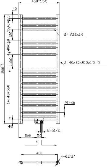 Novaservis 450/1200/RS,5 rebríkový radiátor 450 x 1200 čierny rovný