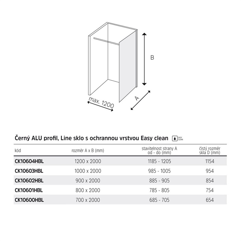 Mereo Novea CK10604HBL sprchová stena WALK IN 120 x 200 cm, čierna, sklo Line