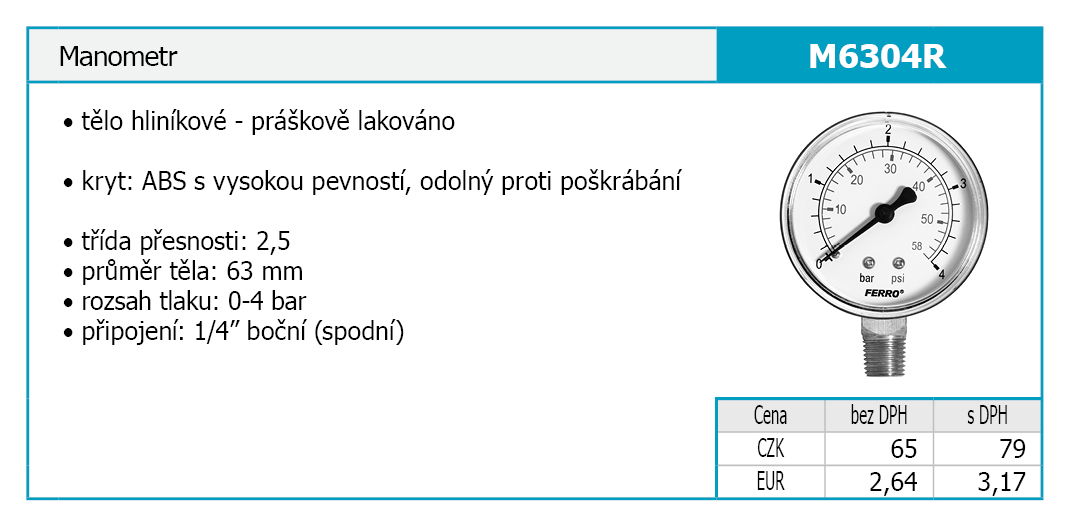 Novaservis M6304R manometer 0-4 BAR bočný vývod 1/4"