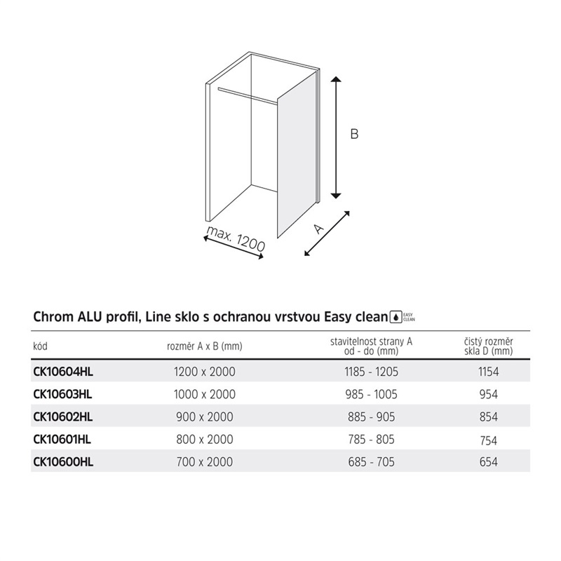 Mereo Novea CK10604HL sprchová stena WALK IN 120 x 200 cm, chróm ALU, sklo Line