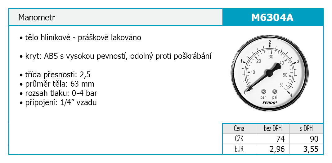 Novaservis M6304A manometer 0-4 BAR zadný vyvod 1/4"