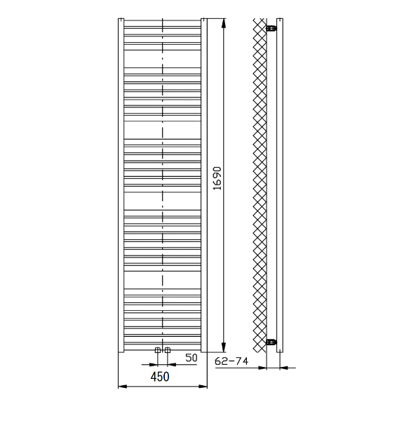 Tondi DT446T vykurovacie teleso 450x1690 mm, stredové pripojenie, čierne matné