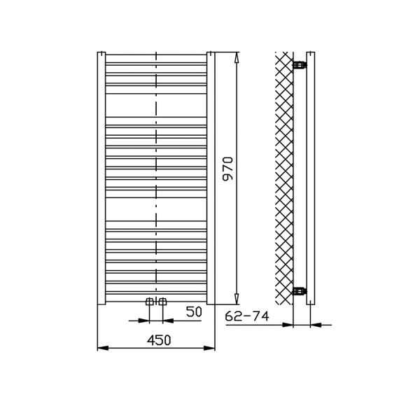 Tondi DT450T vykurovacie teleso 450x970 mm, stredové pripojenie, biele