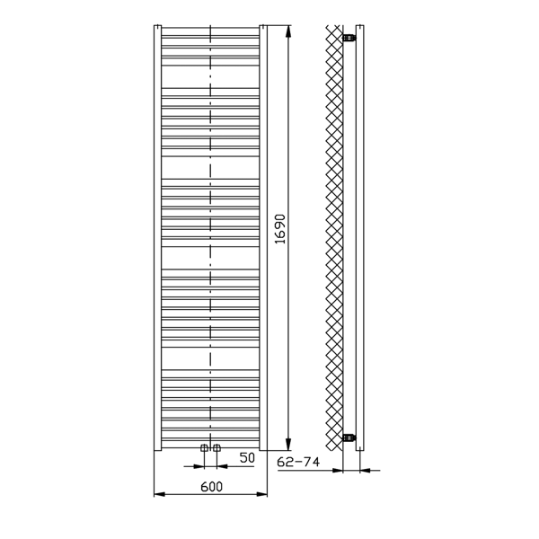 Tondi DT490T vykurovacie teleso 600x1690 mm, stredové pripojenie, biele