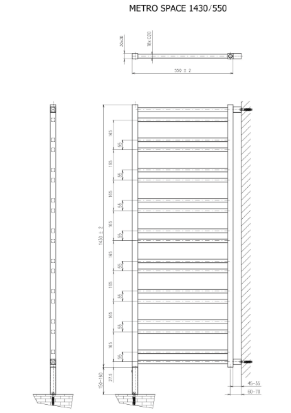Metro Space IR438B vykurovacie teleso 550x1430 mm, do priestoru, čierne matné