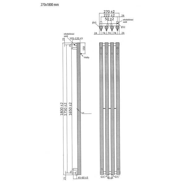 Pilon IZ120 vykurovacie teleso 270x1800 mm, so 4 háčikmi, chróm