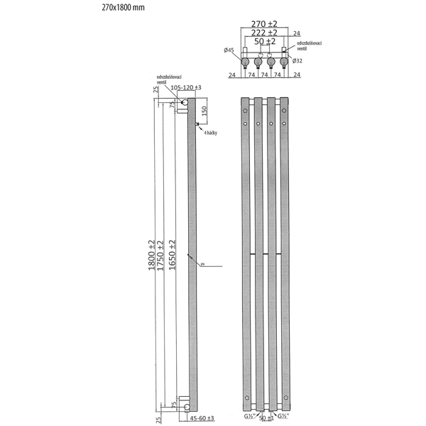 Pilon IZ121 vykurovacie teleso 270x1800 mm, so 4 háčikmi, biele matné