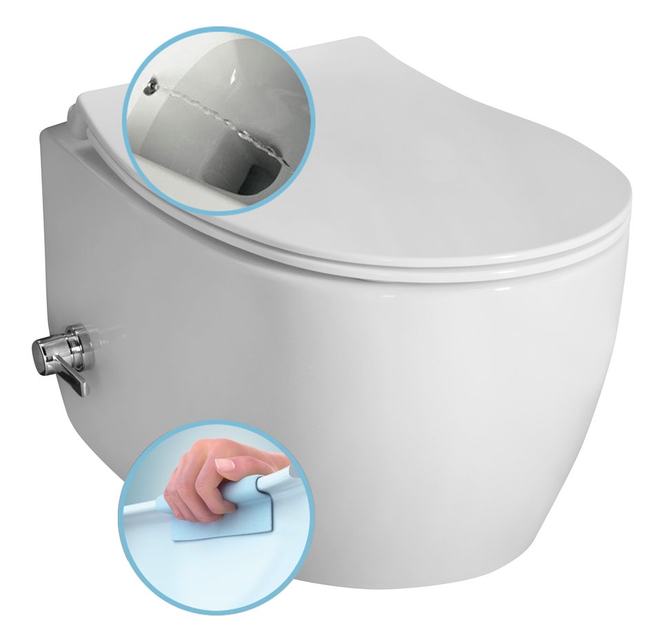 Sentimenti 10ARS1010 závesná WC misa Rimless, integrovaný ventil a bidetová sprška 36x51 cm, biela