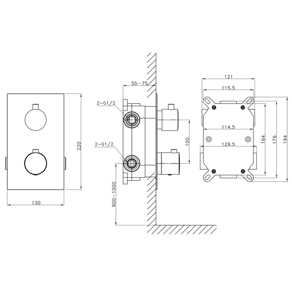 Kimura KU382 podomietková sprchová termostatická batéria, box, 2 výstupy, chróm