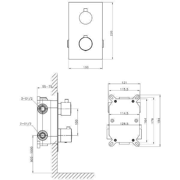 Kimura KU383-21 podomietkový sprchový set s termostatickou batériou, box, 3 výstupy, chróm