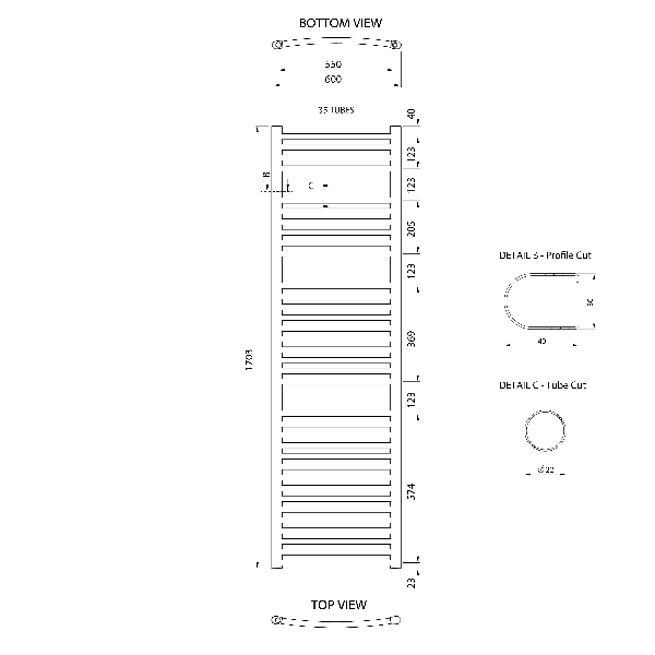 Alya LLC205 vykurovacie teleso oblé 600x1703mm, chróm