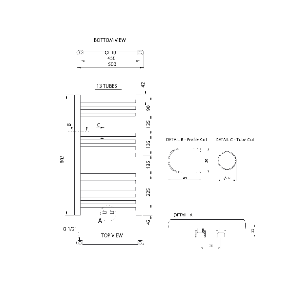 Alya LLS301 vykurovacie teleso rovné 500x803 mm, stredové pripojenie, chróm