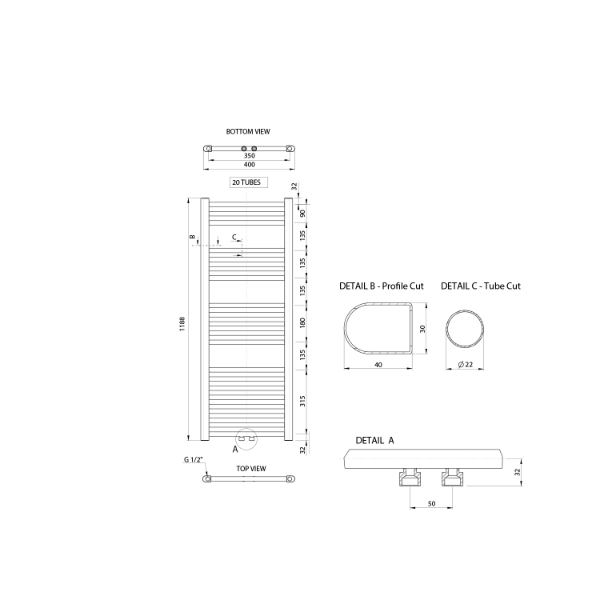 Alya LLS308 vykurovacie teleso rovné 400x1188mm, stredové pripojenie, chróm