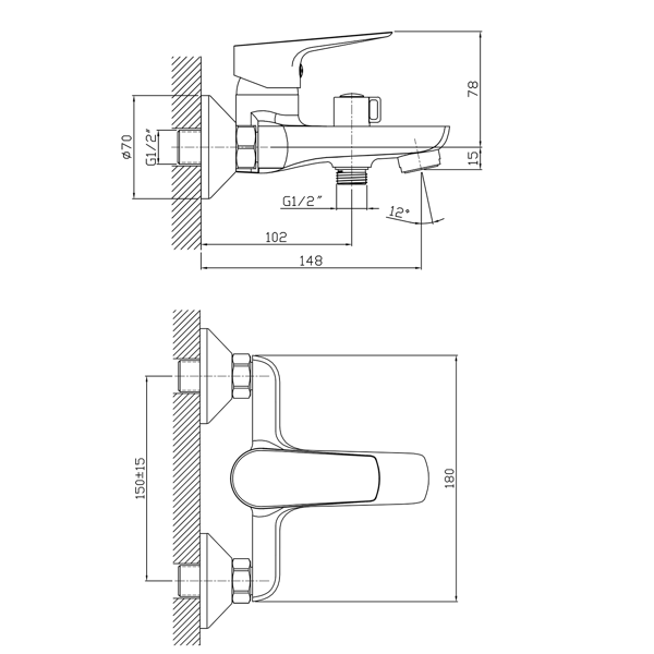 Lotta LT610B nástenná vaňová batéria, rozteč 150mm, čierna