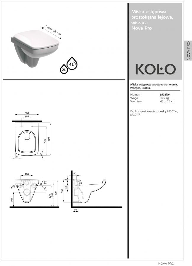 Kolo Nova Pro WC misa závesná M33104 pravouhlá skrátená