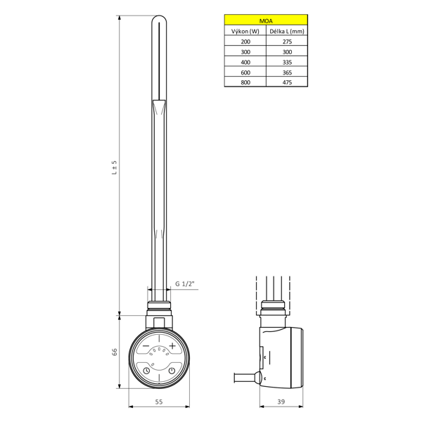 Moa MOA-B-800 vykurovacia tyč s termostatom a bluetooth, 800W, čierna