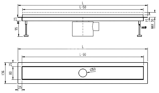 SPD Sprchový žľab Lift s horizontálnou prírubou, 60 cm