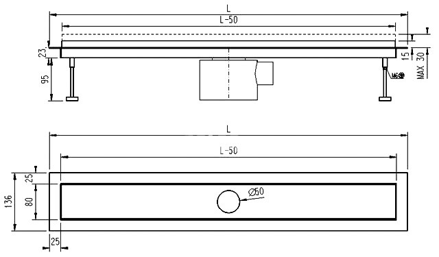 SPD Sprchový žľab Lift s horizontálnou prírubou, 100 cm
