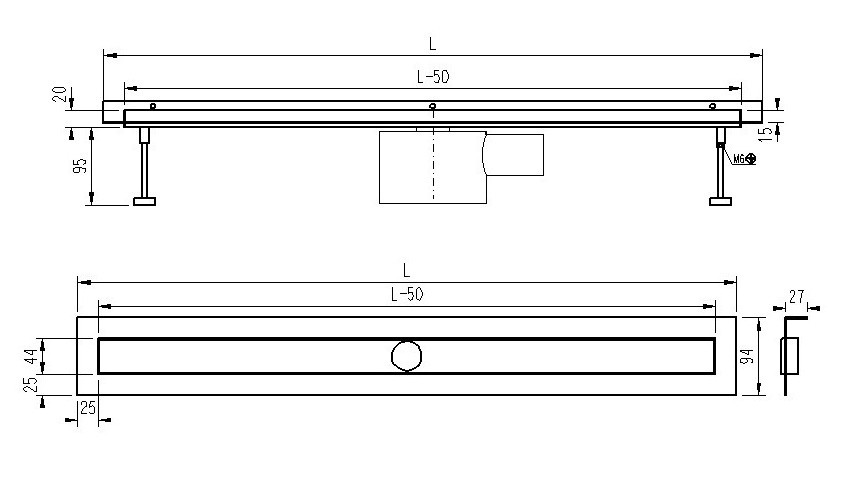 SPD Sprchový žľab Slot L s horizontálnou a vertikálnou prírubou, 90 cm