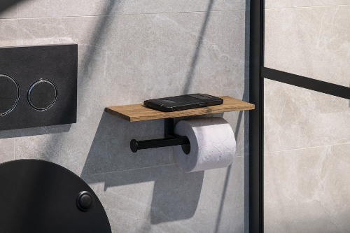 Ska SKA425 dvojitý držiak toaletného papiera s poličkou 30x8x10cm, čierny matný/dub