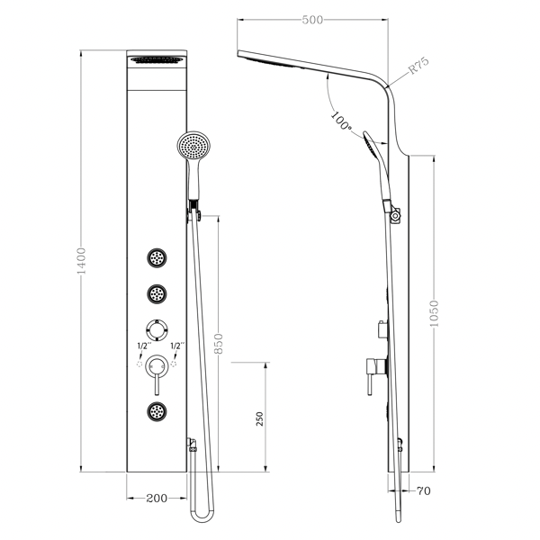 Tusa SL680 sprchový panel s batériou, 1400 mm, hliník