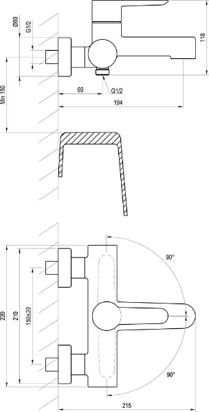 Ravak Puri PU 022.20/150 vaňová nástenná batéria 150 mm, čierna