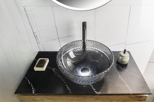Marac TY310 gravírované sklenené umývadlo na dosku 39,5 cm, čierne