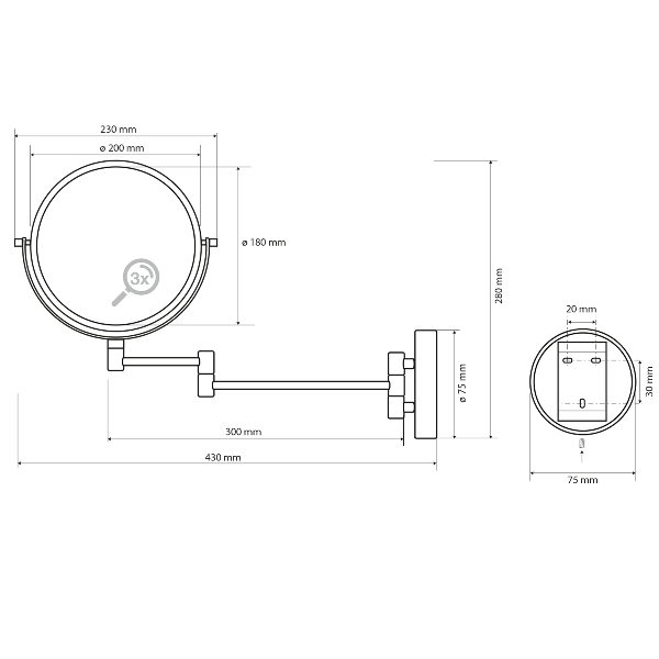 X-Round Black XR006B závesné kozmetické zrkadielko priemer 190mm, čierne